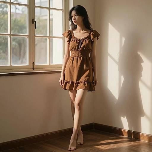 Young Woman in Brown Ruffle Dress by Window