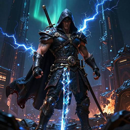 Digital artwork of a muscular, armored warrior with glowing blue sword, hooded cloak, and lightning effects, standing amid a futuristic, ruins-filled cityscape