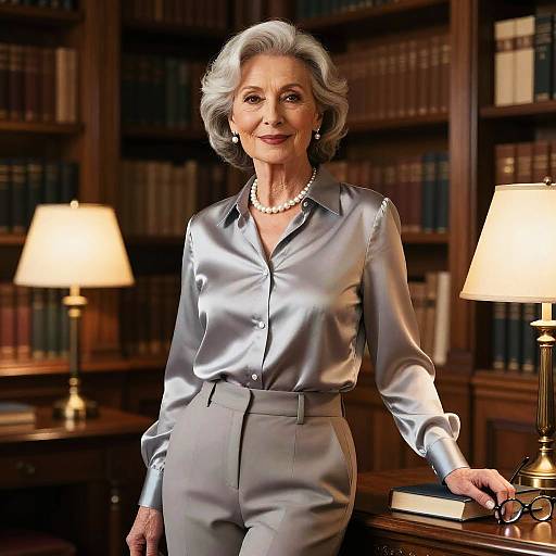 Photograph of an elegant elderly woman with silver hair, wearing a shiny silver blouse, gray pants, pearl necklace, standing in a warm, lit library