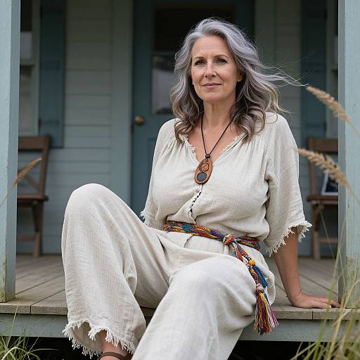 Photograph of a middle-aged woman with wavy gray hair, wearing a white, frayed blouse and pants, colorful scarf, and brown necklace,