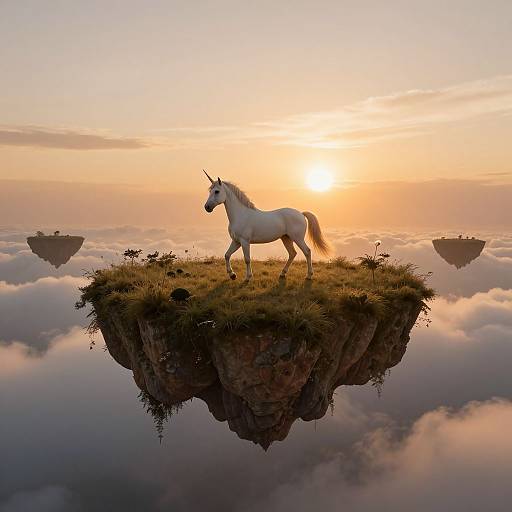 Photorealistic digital artwork: White unicorn with a horn stands on a floating grassy island at sunrise, surrounded by fluffy clouds and two distant floating islands