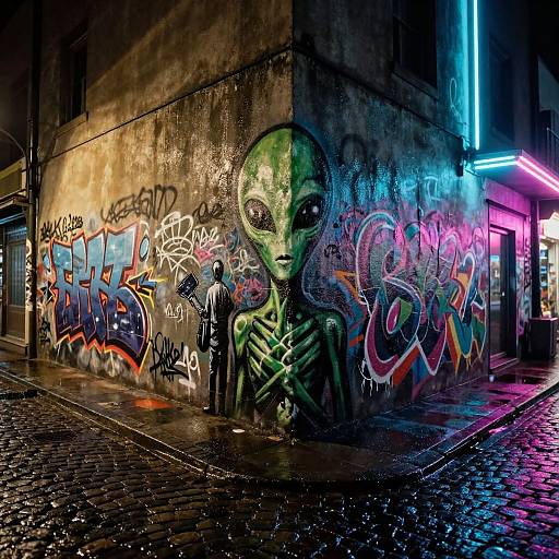 Photograph of a neon-lit, rainy urban alley featuring vibrant graffiti on a concrete wall, including a large, green alien head with large eyes and