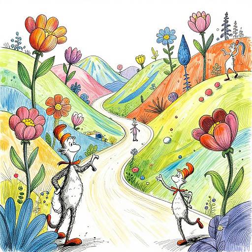 Colorful illustration of three whimsical, white, rabbit-like characters with red hats, dancing among tall, vibrant flowers on rolling hills. Bright, playful