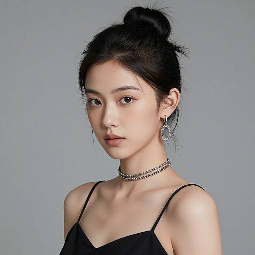 Photograph of an Asian woman with fair skin, black hair in a bun, wearing a black spaghetti-strap top, silver choker, and dangling