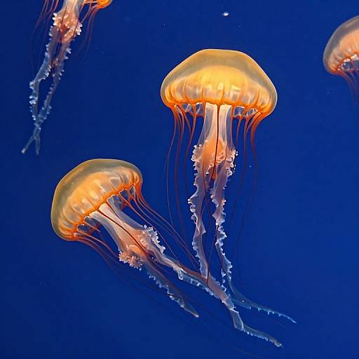 Photograph of vibrant orange and yellow jellyfish with translucent, wavy tentacles floating against a deep blue ocean background.