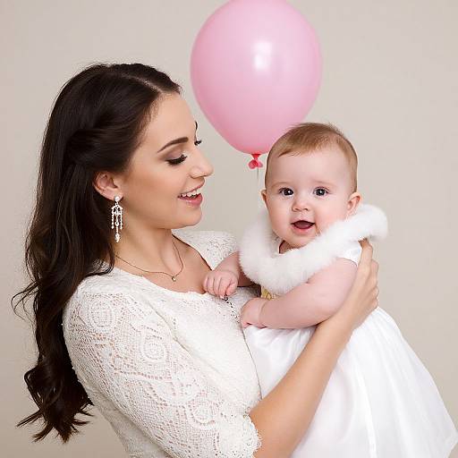 Photograph of a smiling woman with long dark hair, wearing a white lace top, holding a baby in a white fur-lined outfit, with a pink