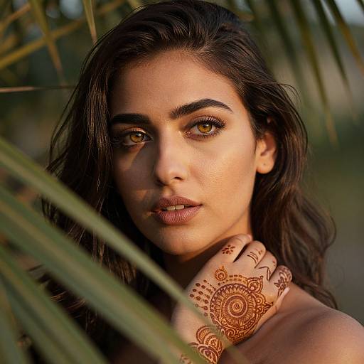 Photograph of a beautiful, dark-haired woman with golden eyes, wearing an intricately patterned, brown henna scarf, partially obscured by green palm