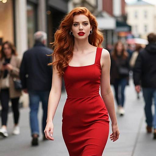 Confident Woman in Red Dress Walking in City