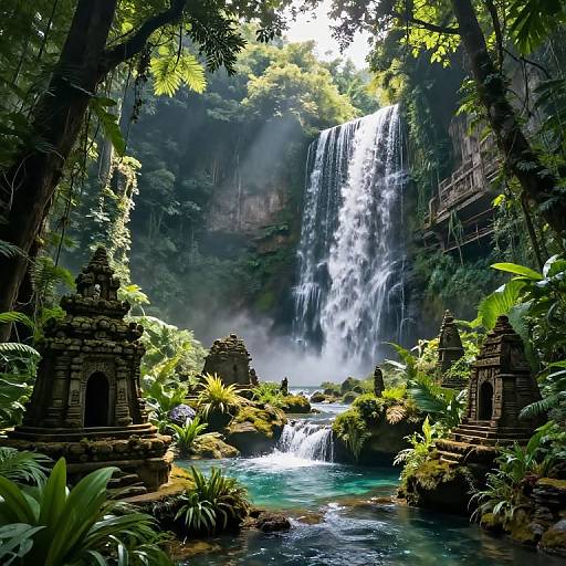 Photograph of a lush, tropical jungle waterfall scene with ancient stone temples, cascading water, and vibrant greenery surrounding a turquoise pool.