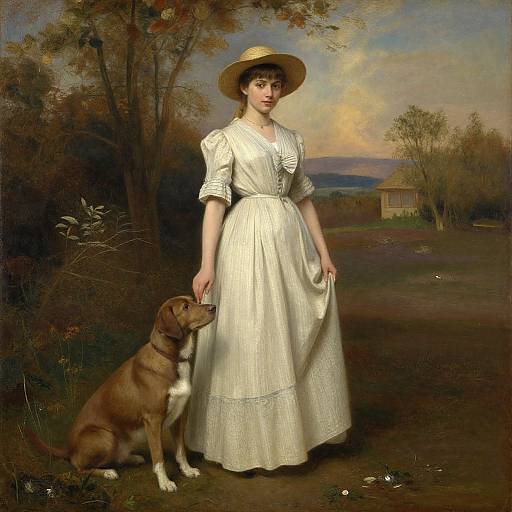 Victorian-style painting of a young woman in a white dress and straw hat, standing beside a brown and white dog in a countryside setting.