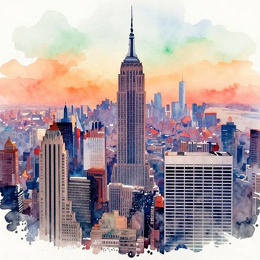 Watercolor-style cityscape of New York, featuring the Empire State Building prominently, surrounded by various skyscrapers, against a vibrant sunset sky.