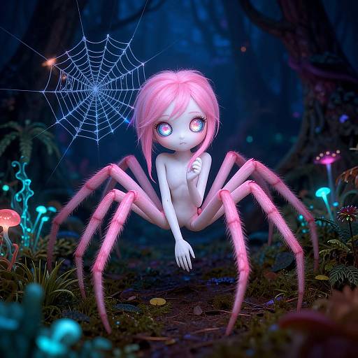 Digital CGI artwork of a pink-haired, spider-girl with glowing blue eyes, eight pink legs, and a spiderweb, in a dark, enchanted forest