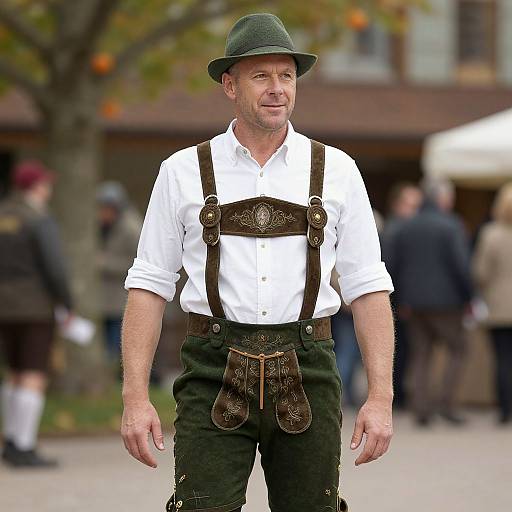 Photograph of a middle-aged white man in traditional Bavarian attire: green hat, white shirt, brown leather suspenders, and dark green trousers,