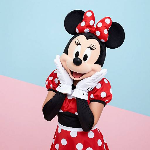 Digital image of classic Disney character Minnie Mouse in red polka-dot dress, white gloves, and bow, smiling against pastel blue and pink background