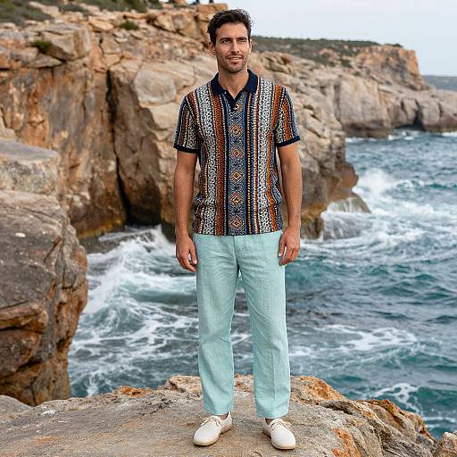 Photograph of a bearded man with short dark hair, wearing a patterned short-sleeve shirt, light blue pants, and white shoes,