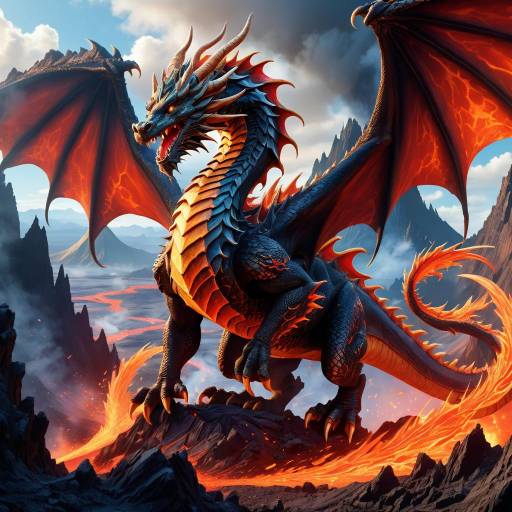 Epic Dragon in Volcanic Fantasy Landscape Epic Dragon in Volcanic Fantasy Landscape