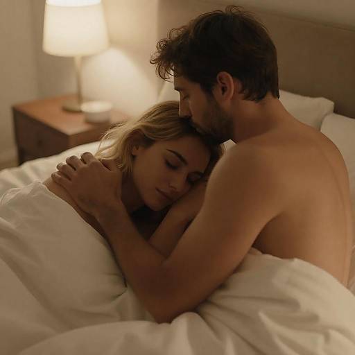 Intimate Bedside Kiss in Warm Light