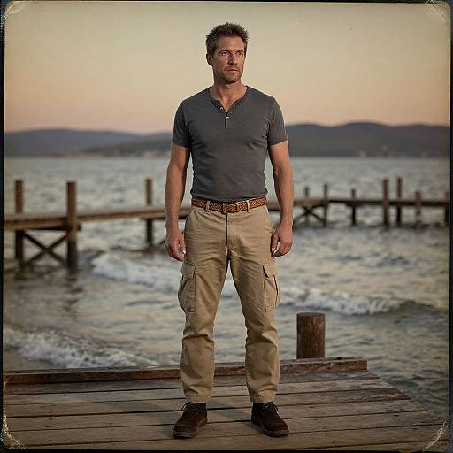 Photograph of a muscular, bearded man in a grey polo and tan cargo pants, standing on a wooden pier at sunset.
