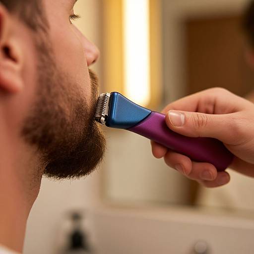 Close-up photograph of a man with a brown beard being shaved by a person holding a blue and purple electric trimmer. Bathroom background.