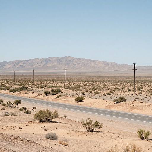 Photograph of a desert landscape with a narrow road, sparse bushes, utility poles, and a distant mountain range under a clear blue sky.
