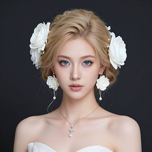 Photograph of a fair-skinned, blue-eyed blonde woman with an elegant updo, adorned with white roses, wearing white strapless top, dangling