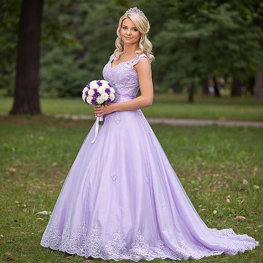 Photograph of a blonde bride in a white lace wedding gown with a floral bouquet, standing on a grassy park path.
