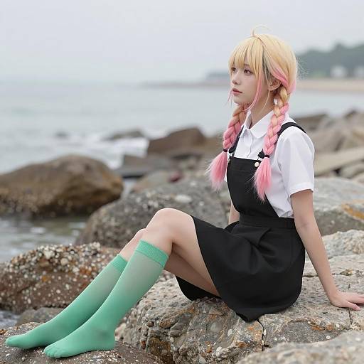 Woman with Pink and Blonde Braids Sitting on Rocky Beach