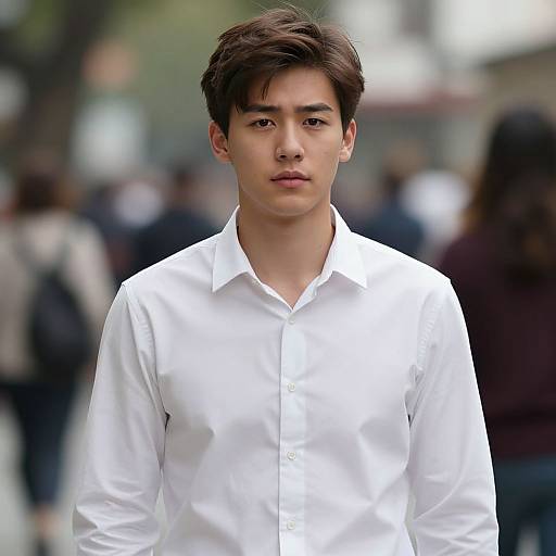 Photograph of a young Asian man with straight black hair, wearing a crisp white button-up shirt, standing in a blurred urban street.