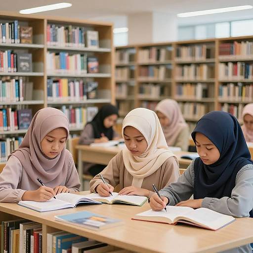Photograph of four Muslim women in hijabs studying at a library table, writing in notebooks with focused expressions, surrounded by bookshelves.