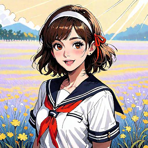 Smiling Schoolgirl in Sunlit Field
