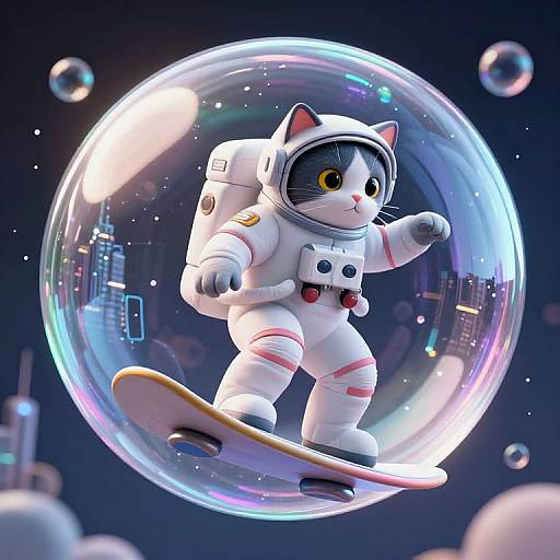 Digital artwork of a cute cat in a white astronaut suit, with a bubble helmet, surfing inside a glowing, reflective space bubble with floating bubbles and city