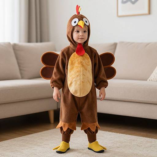 Photograph of a young child in a brown turkey onesie with yellow feet, red beak, and feathered wings, standing in a bright living
