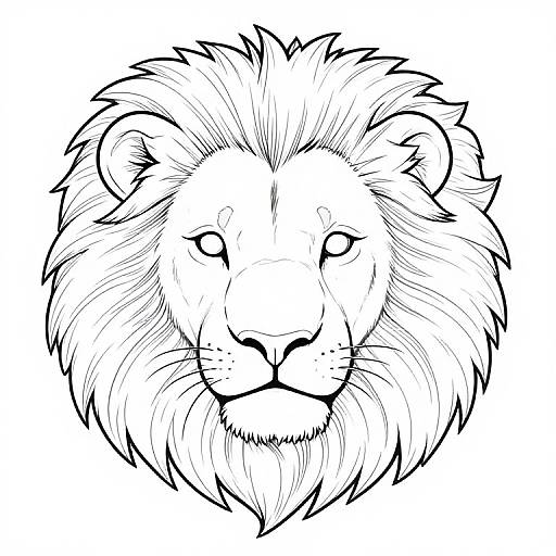 Black and white line drawing of a majestic lion's face with a detailed, full mane and closed eyes, showcasing intricate fur textures and strong, symmetrical