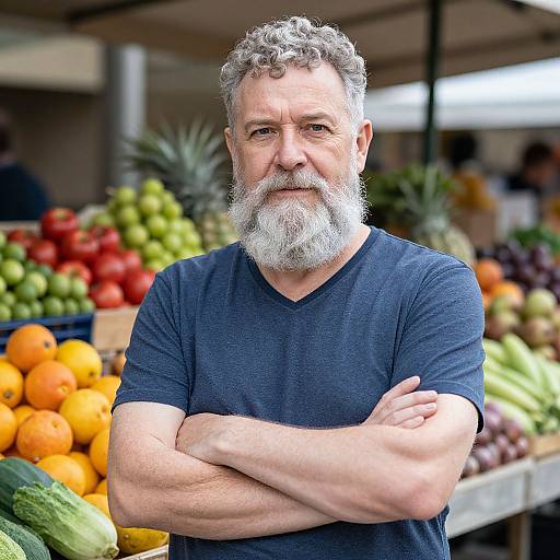 Photograph of a middle-aged, gray-bearded man with curly hair, wearing a dark blue V-neck shirt, standing with arms crossed in front of