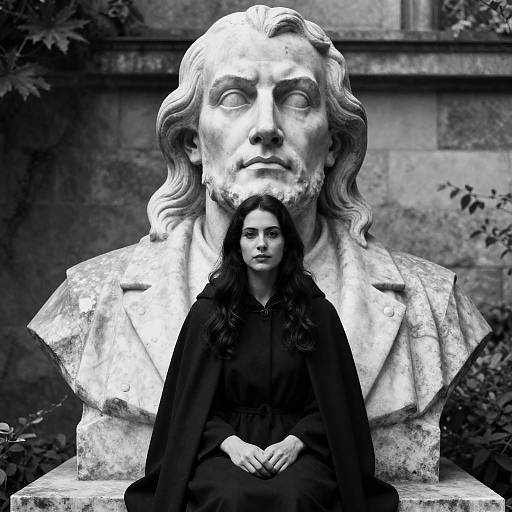 Woman Sitting by Large Stone Statue Bust