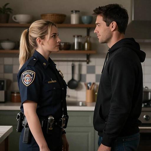 Police Officer and Man Standing Face to Face in Kitchen