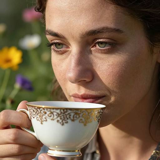 Close-up photograph of a woman with green eyes, holding a white teacup with gold floral patterns, surrounded by blurred colorful flowers.