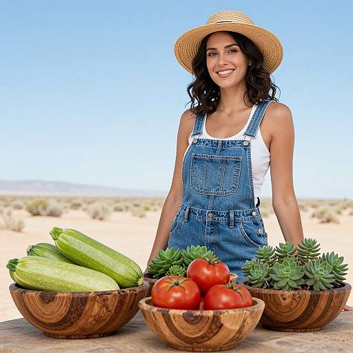Photograph of a smiling woman with dark curly hair, wearing a straw hat and denim overalls, standing in a desert with wooden bowls of cucum