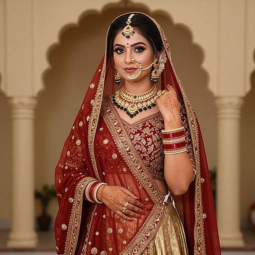 Photograph of a beautiful Indian bride in a red and gold traditional saree, adorned with intricate jewelry, standing in an ornate archway.