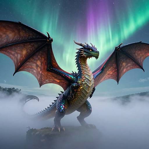 Photorealistic digital artwork of a majestic, dark blue and red-scaled dragon with large wings standing on misty ground, illuminated by vivid Northern Lights