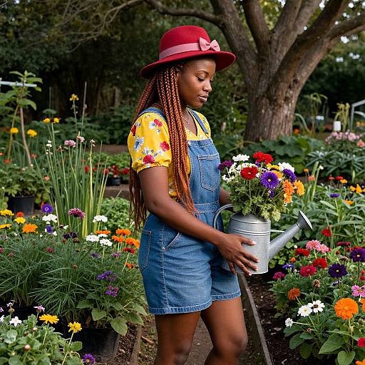 Photograph of a young Black woman with long braids, wearing a red hat and yellow floral shirt, watering colorful flowerbeds in a vibrant garden