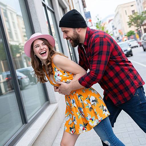Photograph of a laughing couple on a city street; man in red plaid shirt and black beanie, woman in yellow floral dress and pink hat