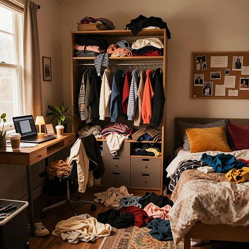 Photograph of a cluttered bedroom with a wooden wardrobe filled with clothes, a messy bed, scattered clothes on the floor, and a desk with a