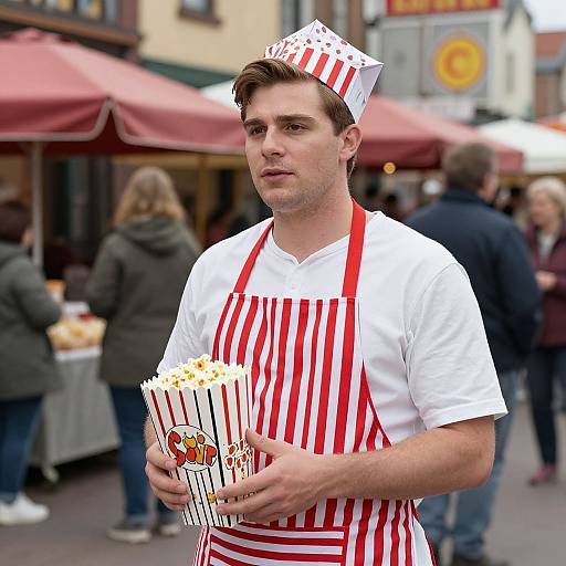 Photograph of a young, white male popcorn vendor with short brown hair, wearing a white shirt, red-striped apron, and matching hat, holding