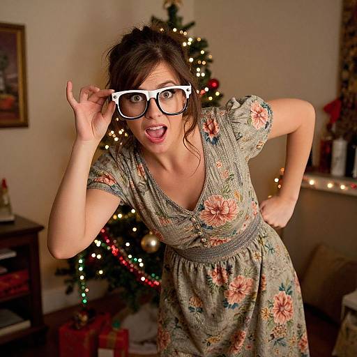 Photograph of a surprised woman in a floral dress, white-rimmed glasses, standing in front of a decorated Christmas tree in a warmly lit living