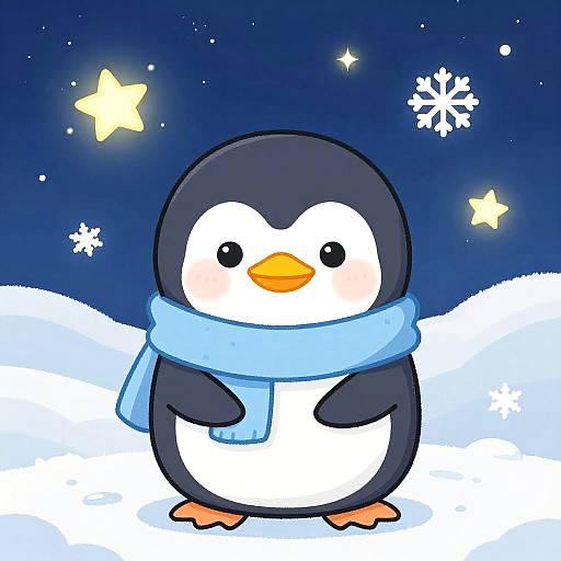 Cute digital drawing of a penguin with a blue scarf standing in snowy landscape under a starry night sky.