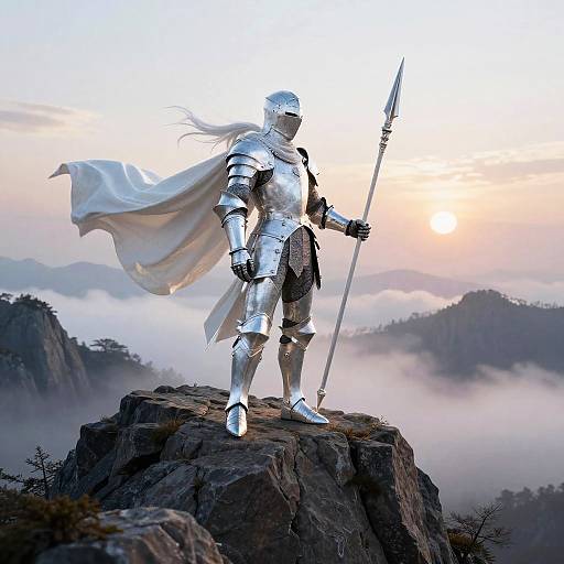 Epic photograph of a silhouetted armored knight in silver armor with a white cape, standing on a rocky peak, holding a spear, against