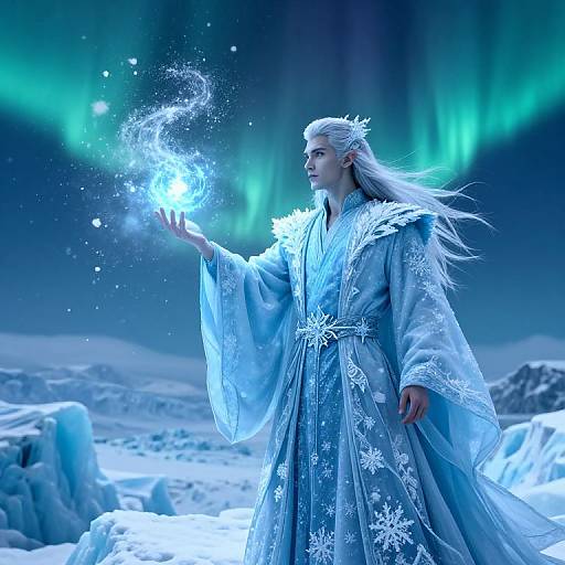 Photorealistic digital art of an ethereal, silver-haired elf in a blue, snowflake-patterned robe, conjuring a glowing ice orb under