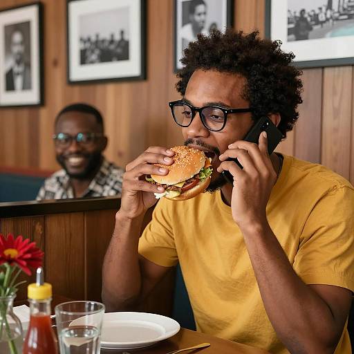 Casual Moment: Two Men Enjoying Burgers