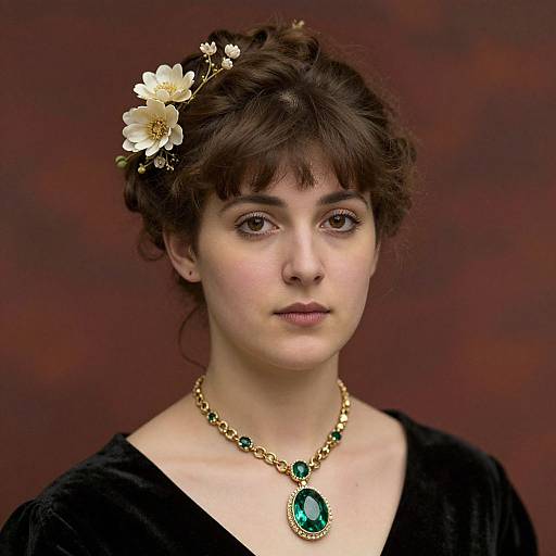 Vintage Floral Portrait with Emerald Necklace